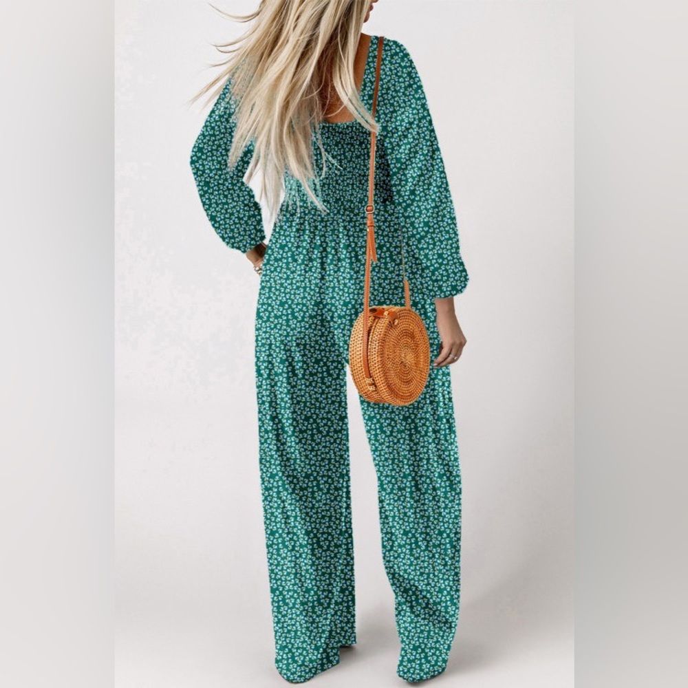 Boho Green Floral Jumpsuit — Wide Leg, Square Neck - Picture 3 of 6